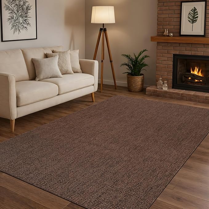 CAMILSON Easy Jute Rug 8x10, Indoor Outdoor Brown Color Fiber Area Rugs for Living Room Patio and Kitchen Rug, Solid Boho Woven Design, Easy-Cleaning, Washable Outside Carpet Alfombras (8 x 10)