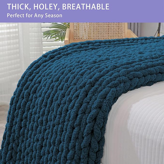 Bigacogo Chunky Knit Throw Blanket for Couch, 51x63 inches, 100% Hand Knitted with Thick Jumbo Chenille Yarn, Cozy Soft Large Rope Knot Cable Crochet Blankets for Sofa Bed Living Room, Deep Sea Blue