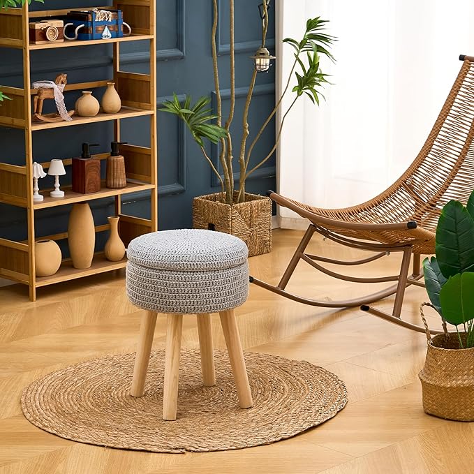 Wimarsbon Pouf Ottoman, 100% Cotton Knitted Boho Footstool, Round Footrest with Non-Skid Wood Legs, Home Décor Handmade Pouffe, Leisure Floor Step Stool for Living Room (High Storage Grey)