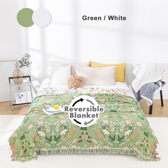 MSGKV Cotton Bed Blanket for Couch and Sofa Blankets for Living Room Bedroom Reversable Florals and Animals Throw 80"x90" Breathable Cozy Boho Blankets