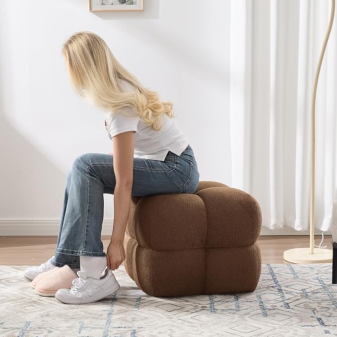 Zesthouse Square Pouf Ottoman Footstool, Modern Ottoman Coffee Table for Living Room, Poofy Boucle Stool Foot Rest, Upholstered Tufted Stool for Couch, Cube Makeup Vanity Chair Backless, Brown Reddish
