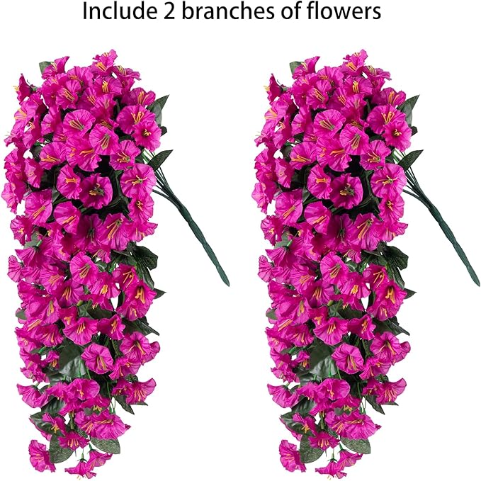 Artificial Faux Flowers Plants for Outdoor Outside Spring Summer Decoration, 2 PCS Fake Silk Fuchsia UV Resistant Realistic Morning Glory Long Trailing Vines for Hanging Planter Porch Patio Decor