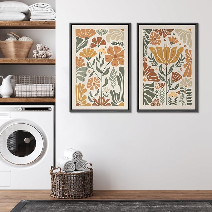 SIGNFORD Framed Canvas Print Wall Art Set Vintage Flower in Pastel Illustration Modern Art Decorative Nordic Nature for Living Room, Bedroom, Office - 24"x36"x2 Black