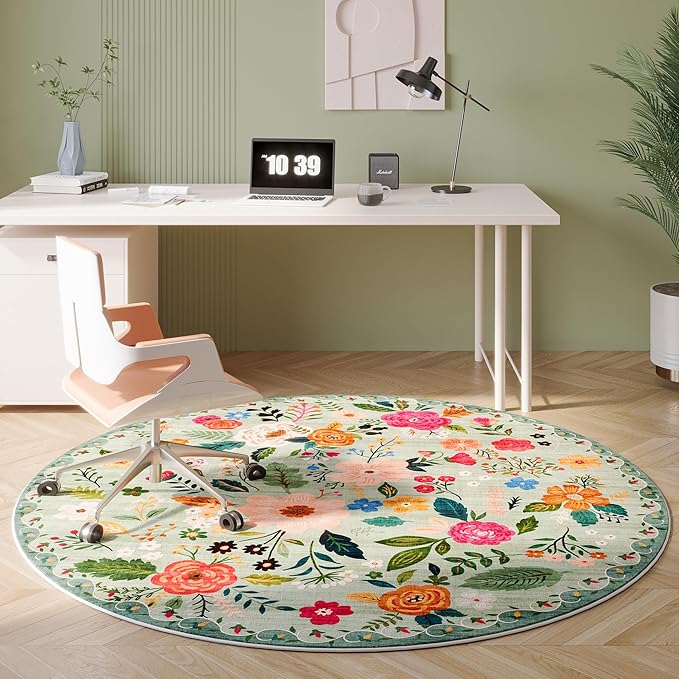 Round Rug 4ft Washable Circle Rug Non Slip Low Pile Boho Floral Small Circular Rug for Bedroom, Bathroom, Entryway, Kids Room, Office, College Dorm(Green)