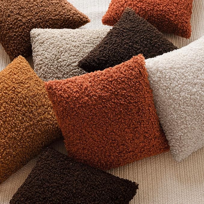 Foindtower Set of 2 Curly Teddy Wool Pillow Covers Decorative Boucle Textured Lumbar Throw Pillow Faux Fur Sherpa Pillowcases Sheepskin Fuzzy Cushion Case for Sofa Bedroom Car 12"x20" Burnt Orange