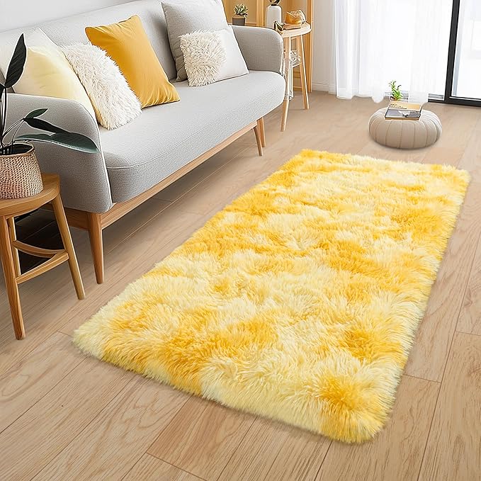 Small Rugs for Bedroom, 2x4 Fluffy Rug, Non-Slip Shag Soft Area Rug, Fuzzy Carpet for Kids Girls Boys, Modern Home Decor Aesthetic, Tie-Dyed Yellow