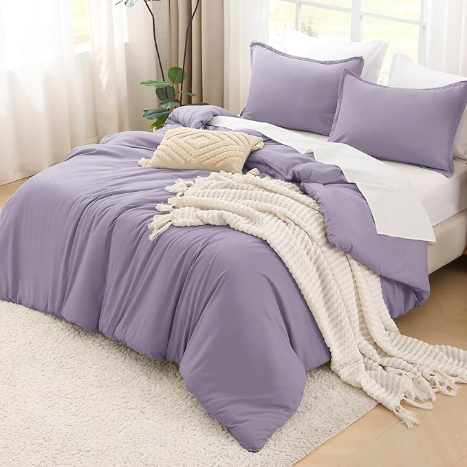 Litanika Grayish Purple Comforter Set California King Size, 3 Pieces Cal King Lightweight Solid Bedding Comforter Set, All Season Fluffy Bed Set (104x96In Comforter & 2 Pillowcases)