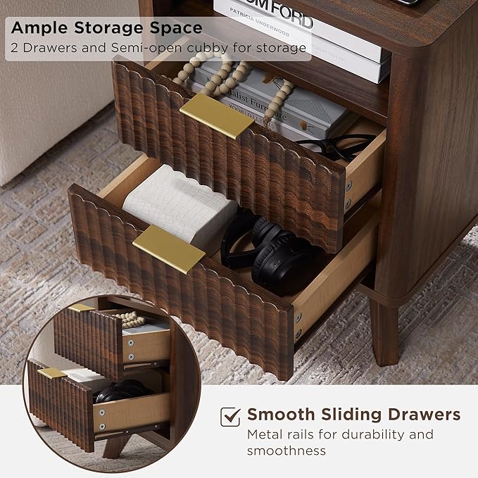 T4TREAM Fluted Nightstand Set of 2 with Charging Station, 18" Modern Side Table, 2 Drawers End Table with Storage, Bedside for Bedroom, Living Room, Curved Profile Design, Dark Walnut