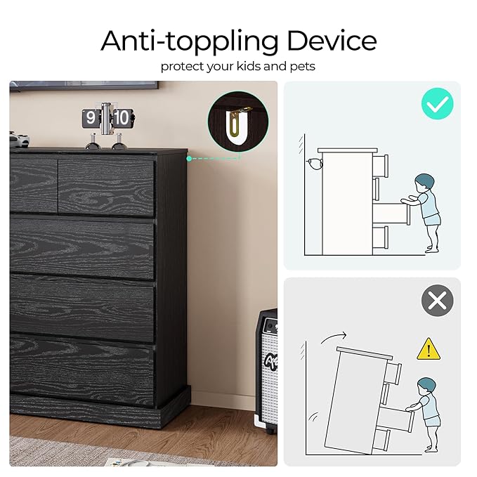 LINSY HOME 10 Drawer Dresser for Bedroom, 53" Wide Chest of Deep Drawers, Modern Farmhouse Wood Dressers with Storage, Large Drawer Organizer for Bedroom, Living Room, Handless Design, Black