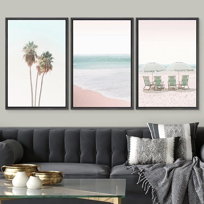 SIGNWIN Framed Canvas Print Wall Art Set Retro Vintage Pastel Tropical Island Beach Nature Wilderness Photography Modern Art Landscape Relax/Calm for Living Room, Bedroom, Office - 24"x36"x3 Black