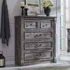 5 Drawers Dresser for Bedroom, Farmhouse 46" Tall Dressers & Chests of Drawers w/Roman Column, Wood Rustic Closet Dresser w/Two Different Drawer Sizes for Bedroom, Living Room, Light Grey