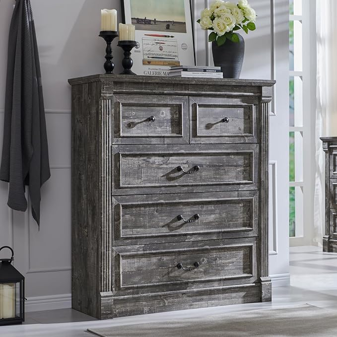 5 Drawers Dresser for Bedroom, Farmhouse 46" Tall Dressers & Chests of Drawers w/Roman Column, Wood Rustic Closet Dresser w/Two Different Drawer Sizes for Bedroom, Living Room, Light Grey