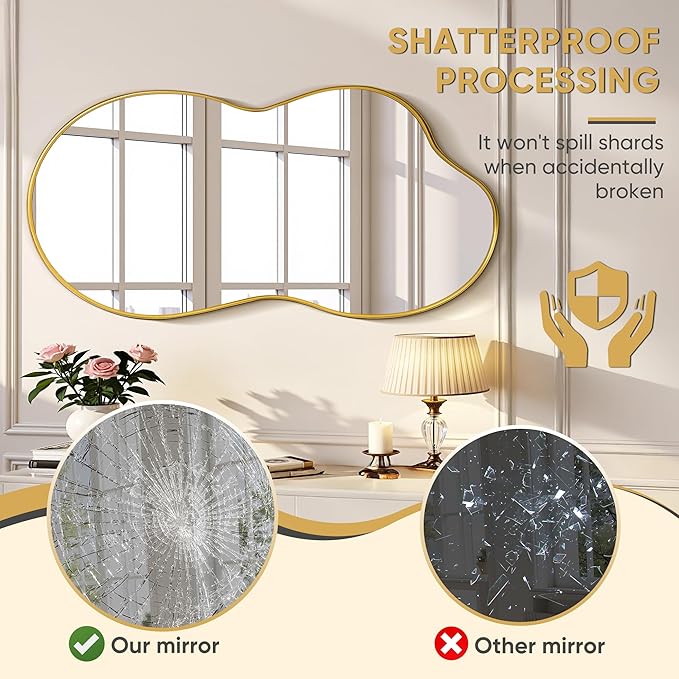 Suidia Irregular Wall Mirror, 40"x26" Bathroom Mirror Asymmetrical Mirrors Artistic Mirrors Decorative for Living Room Bedroom Bathroom Hallway Entryway, Gold, Cloud Style