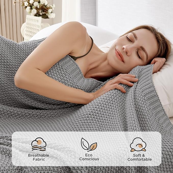 Joydeco Chunky Cable Knit Throw Blanket, Lightweight 100% Cotton Soft Cozy Throw Twin Blanket for Couch Bed and Sofa, Rustic Breathable Farmhouse Blanket Gift for Women Men(Grey, 51"x63")