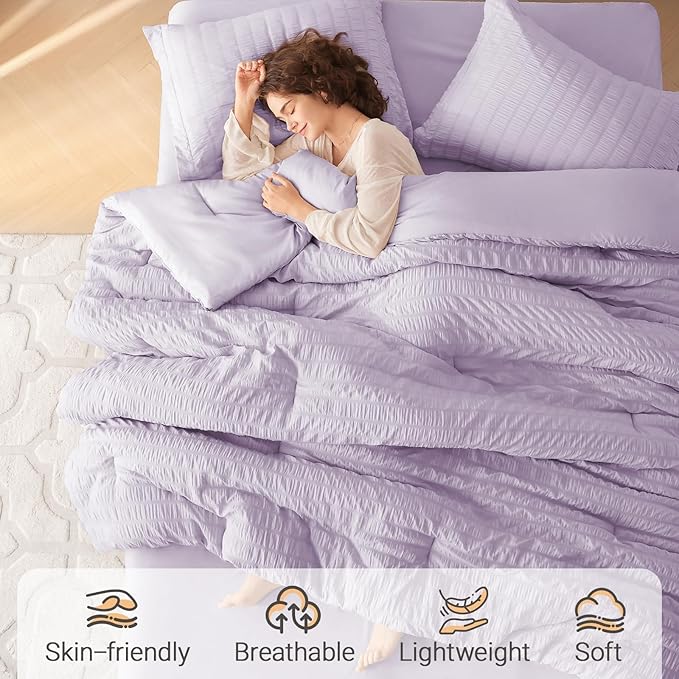 MUXHOMO 7 Pieces Queen Comforter Set, Seersucker Bed in a Bag Queen Size, All Season Luxury Bedding Set with Comforter, Flat Sheet, Fitted Sheet, Pillowcases & Shams, Lavender