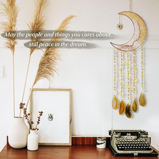 Agate Gemstone Dream Catcher 7 Chakra Tree of Life Dream Catcher with Rainbow Crystal Stones Handmade Dreamcatcher Wall Decor for Adults Boys Girls,Bedroom,Wedding,Garden,Bless Gift(Gold Moon)