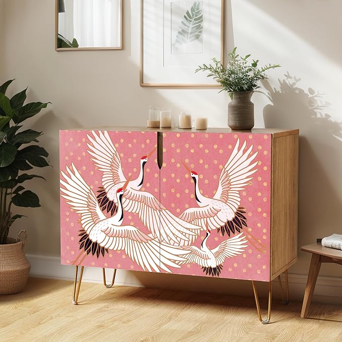 SIGNWIN Sideboard Buffet Cabinet, Kitchen Storage Cabinet with 2 Doors, Colorful Chinese Crane Bird Pattern, Cupboard Console Table for Dining Room - 35" L x 18" W x 29" H