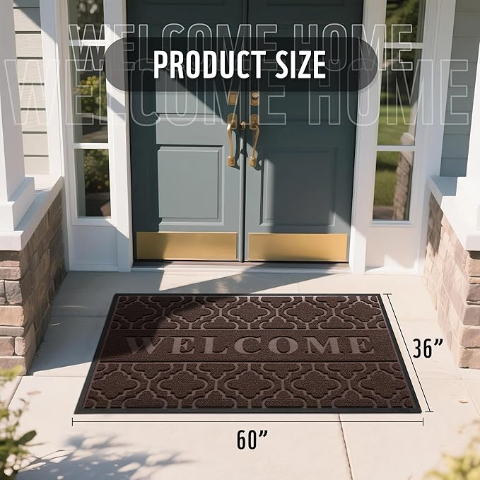 Yimobra Welcome Mat Outdoor Indoor, All-Season Waterproof Front Door Mat Outside Entrance, All-Weather Heavy Duty Non-Slip Doormat, Low Profile Porch Patio Entrance Mats, 60x36, Brown