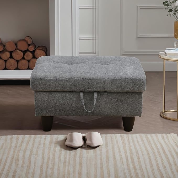 Ottoman Rectangular Storage Ottoman Bench, Flannel Footrest Stool Footstool with Lid for Living Room, Bedroom, Entryway, Dark Gray, 28.5"x19"x17.5"