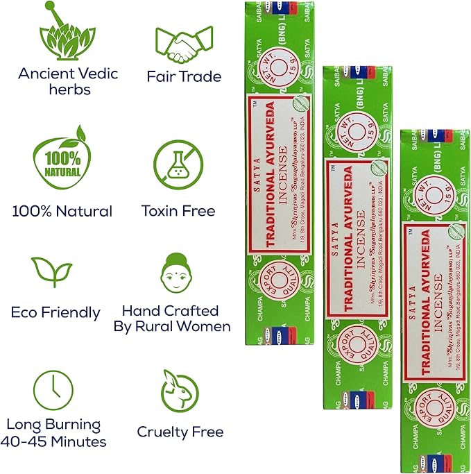 Satya Traditional Ayurveda Incense Sticks, Satya Bng (Bangalore) Insenses 15gmx3 Pack with Raajsee Incense Holder Bundle, Satya Nagchampa Natural Incense