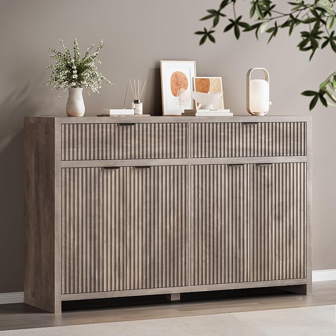 Fluted Sideboard Buffet Cabinet with Storage Drawers, 55" Large Accent Storage Cabinet with Doors and Adjustable Shelf, Modern Farmhouse Credenza for Entryway, Kitchen, Living Room - Gray