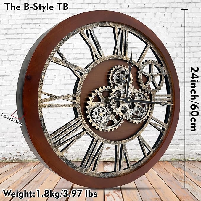 The B-Style Large Wall Clock 24 inch Moving Gear Wall Clock Oversized Vintage Farmhouse Wall Clocks for Living Room Decor Rustic Industrial Wood Clock (Black walunt Wood and Bronze)