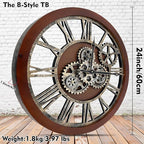 The B-Style Large Wall Clock 24 inch Moving Gear Wall Clock Oversized Vintage Farmhouse Wall Clocks for Living Room Decor Rustic Industrial Wood Clock (Black walunt Wood and Bronze)