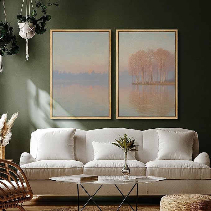 SIGNFORD Framed Canvas Print Wall Art Set Pastel Lake Landscape Serene Sunrise Water Reflection Illustration Modern Art Decorative Nordic Nature for Living Room, Bedroom, Office - 24"x36"x2 Natural