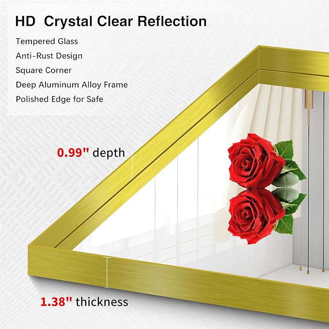 Gold Bathroom Mirror, 36x60 Inch Rectangular Deep Frame Mirror, Large Wall Mounted Bathroom Vanity Mirror Over Sink for Bedroom,Restroom, Living Room, Hangs Vertically or Horizontally