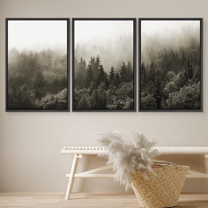 SIGNWIN Framed Canvas Print Wall Art Woodland Nursery Decor Set Fog & Mist Over Blue Pine Tree Forest Nature Modern Art Rustic Landscape Colorful for Living Room, Bedroom, Office - 16"x24"x3 Black