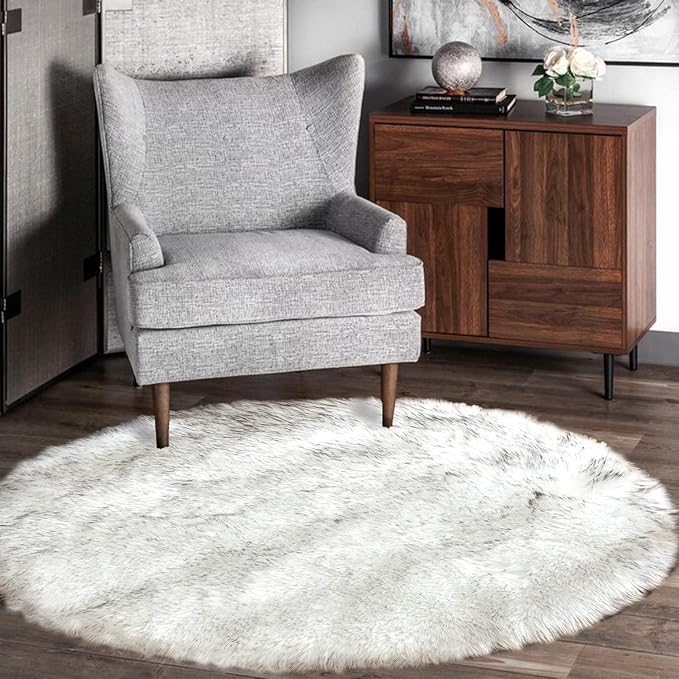 Latepis Circle Rugs 6.7ft for Living Room White with Grey Tips Faux Sheepskin Fur Round Rugs for Bedroom Fluffy Washable Rug Cute Home Décor