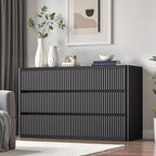 Black Dresser for Bedroom with 6 Double Drawers, 48" Wide Wooden Chest of Drawers with Curved Profile, Modern Fluted Dresser TV Stand, Wood Closet Clothes Storage Organizer for Living Room