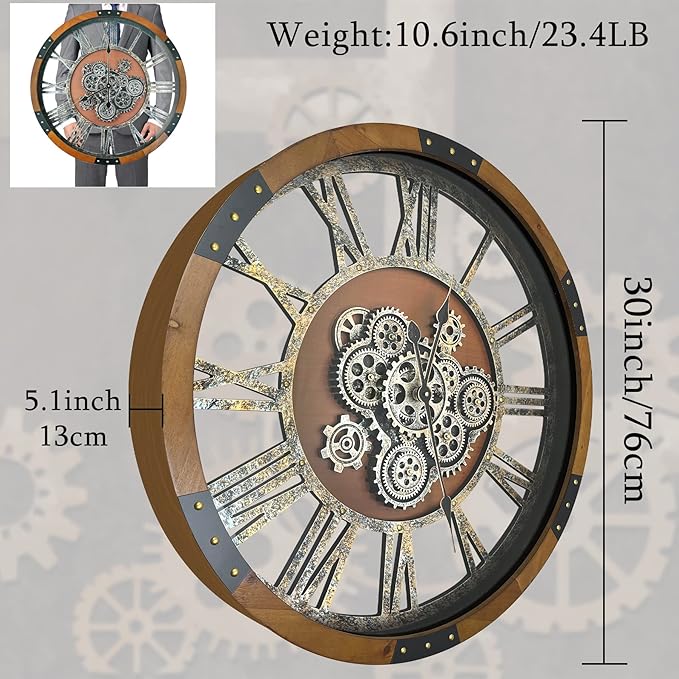 30 Inch Moving Gear Wall Clock, Oversized Wall Clocks, Clock Living Room Decor, Solid Wood Frame, Battery Operated, Large Wall Clock with Steampunk Industrial for Fireplace(Machilus)