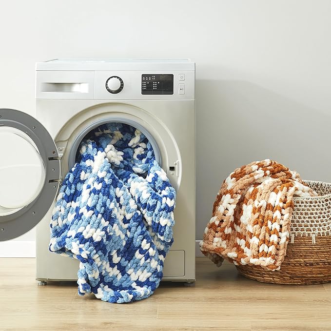 Amélie Home Chunky Knit Throw Blanket for Couch, Soft Chenille Crochet Blanket for Sofa, 50"x60", Space-Dyed Blue