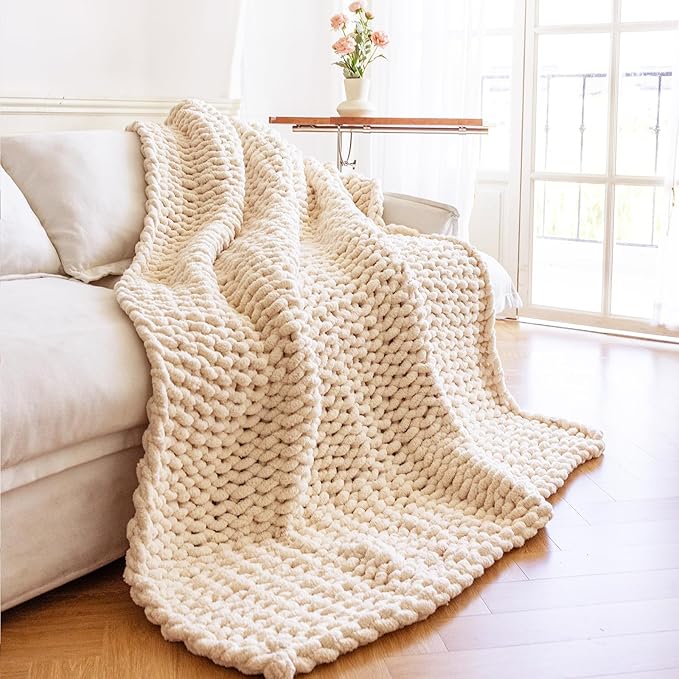 Chunky Knit Blanket - Luxury Soft Cozy Extra Large Size (80 * 90) Throw Blanket,100% Woven Blanket Rope Knot Throw Blanket for Couch, Sofa, Home Decor, Gift - Machine Washable（Cream）