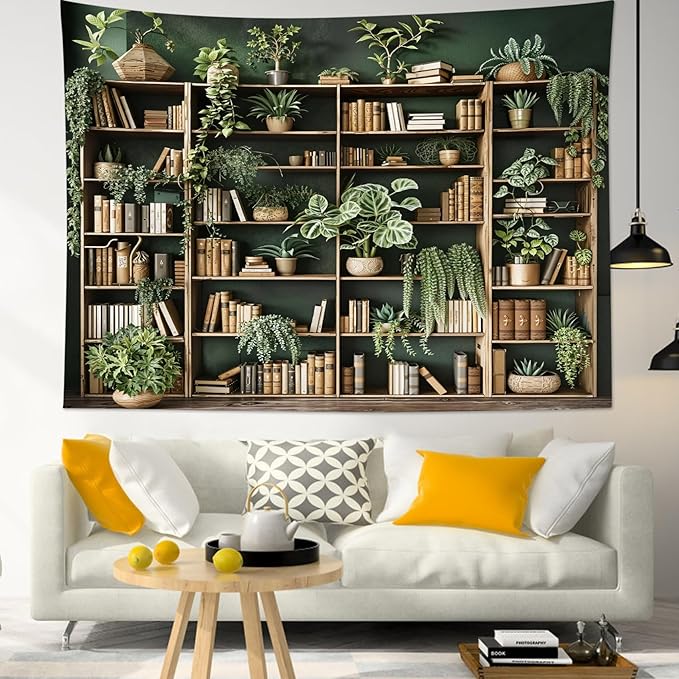 HVEST Green Plant Bookshelf Tapestry Book on Bookshelf and Plant Potted Tapestry Wall Hanging Reading Wall Decor for Study Room Bedroom Living Room College Dorm, 70.9L x 92.5W Inches