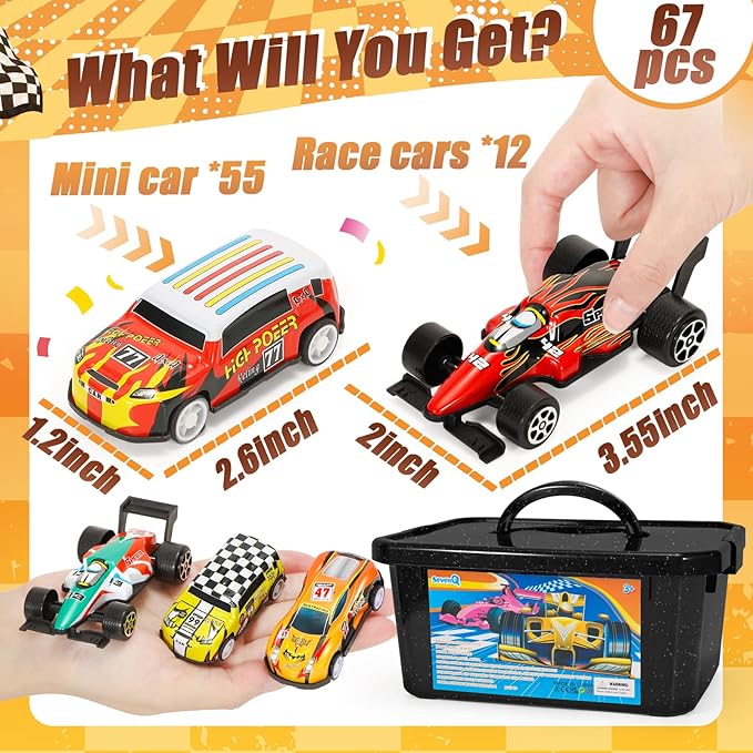 SevenQ Party Favors Toy Cars for Boys with Storage Box, 67Pcs Pull Back Race Cars Bulk, Treasure Box Toys for Classroom Goodie Bag Stocking Stuffers for Kids Toddler Vehicles Mini Fidget Toys