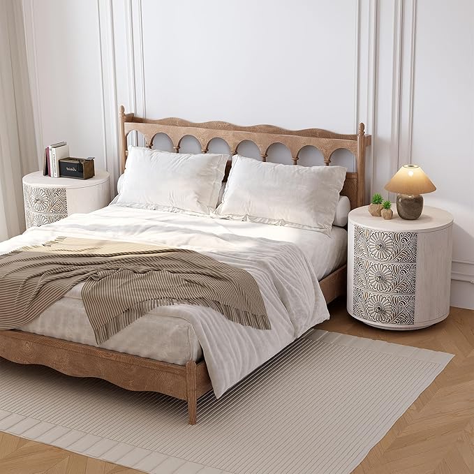 HOMPUS Round End Table Set 2, Fully Assembled Nightstand w 3 Storage Drawers, Farmhouse Wood Dresser Set of 2, Vintage Nightstand Bedside Tables, Aceent End Tables for Bedroom, Rustic White