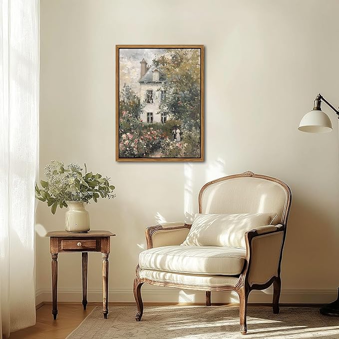 Floating Framed Canvas Vintage Wall Art, Neutral English Cottage Rose Garden Oil Paintings Print, Spring Pictures Wall Decor for Living Room Hallway Bedroom Office Rustic Decor 12x16 inch