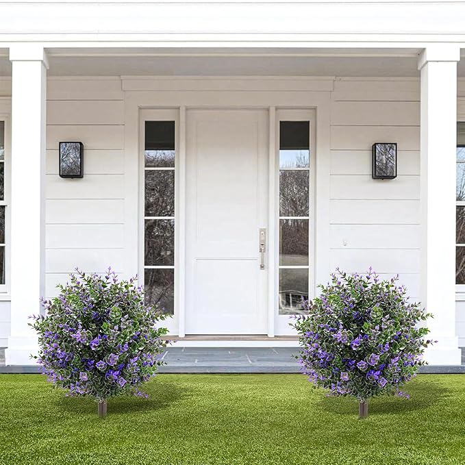 Artificial Boxwood Topiary Ball Trees with Ground Spikes UV Resistant Faux Greenery Shrubs Fake Shrubs for Outdoors, Realistic Faux Plants Bushes for Garden Porch Yard Patio Decor (Purple Green)