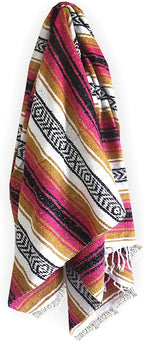 Del Mex Classic Mexican Blanket, Large Authentic Woven Falsa Throw (70"x50"), Artisan Southwest Décor for Beach, Yoga, Outdoors (Gold/Fuchsia)