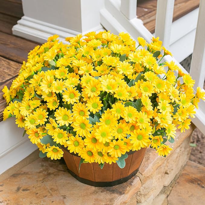 Daisy Artificial Flowers for Outdoors Fall Autumn Decoration, 6 Bundles Fake Mums Yellow Silk Flowers for Outside Look Real UV Resistant Faux Flowers Plants for Planter Front Door Home Indoor Porch