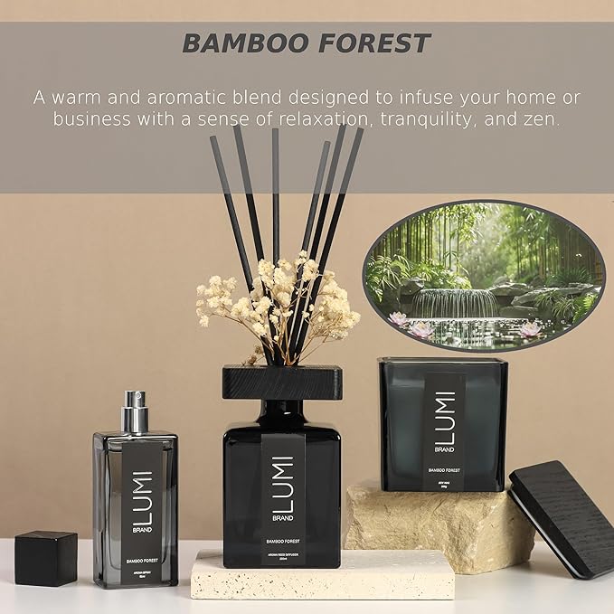 Luxury Aroma Gift Set | Bamboo Forest | Reed Diffuser (200ml), Wood Wick Soy Candle (200g), Room Spray (50ml) | Includes Dried Flowers & 8 Reeds | Home Fragrance Gift for Women, Men & Home Decor