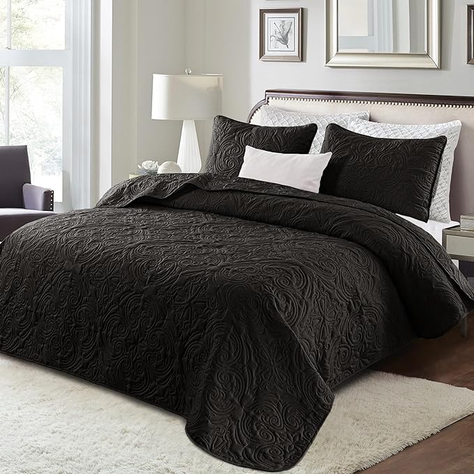 Exclusivo Mezcla Quilts King Size Bedspread with 2 Pillow Shams, Lightweight Black King Quilt Bedding Set with Vintage Damask Pattern, Soft Bedspreads Coverlets for All Seasons