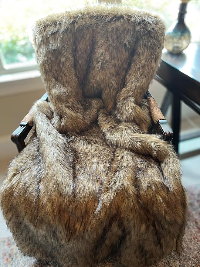 Brown Fur Throw Blanket and Bedspread - Brown Wolf Faux Fur - Light & Dark Brown Faux Fur - Luxury Throw Blanket & Bedspread, Handmade in US, 16406