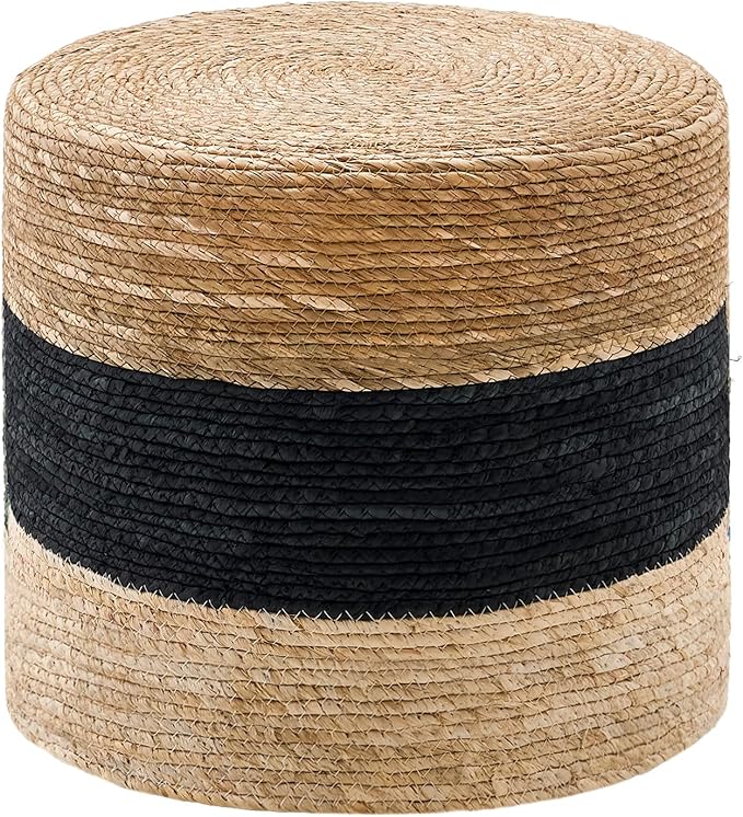 Wimarsbon 18'' Ottoman Pouf, Natural Braided Poof, Rustic Handweave Lounge Pouffe, Boho Footrest Stool for Bedroom, Accent Table for Living Room (18inch Natural Cattail + Black Corn Husk)