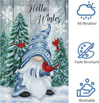 Hello Winter Gnome Garden Flag 12x18 Double Sided Burlap Cardinals Snowflakes Snow Yard Flags for Christmas Seasonal Outside Outdoor House Decoration (ONLY FLAG)