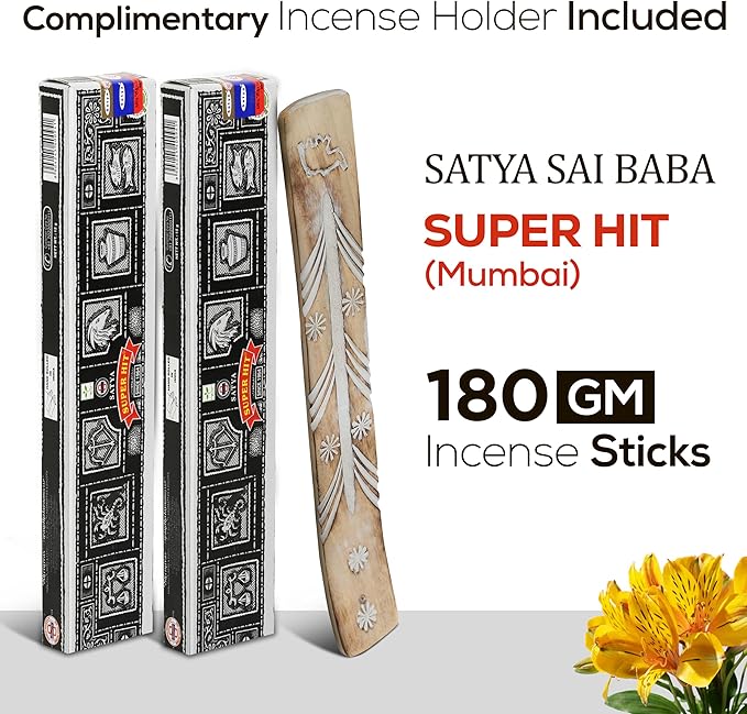 Satya Super Hit Incense Sticks, Satya sai Baba Insenses 15gmx12 Pack with Raajsee Incense Holder Bundle, Nag Champa Natural Incense 180 gm