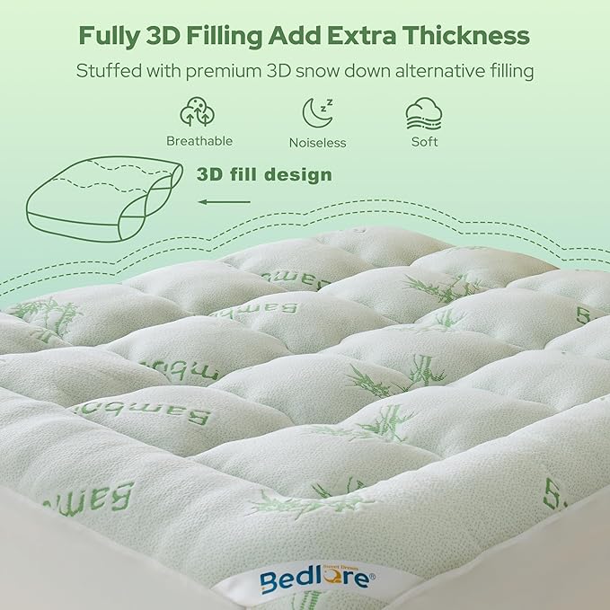 BEDLORE Twin Mattress Topper Viscose Derived from Bamboo, Thick Pillow Top Mattress Pad with Stretchable Pockets for 6"-15" Mattress, Soft Breathable Mattress Topper for Back Pain Relief