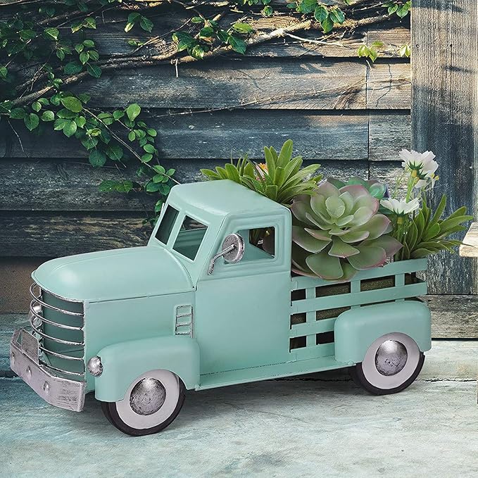 Metal Truck Decor,Farmhouse Truck Decor,Decorative Tabletop Storage & Pick-up Metal Truck Planter,12.5" x 5.75" x 6.25" inches (Green)